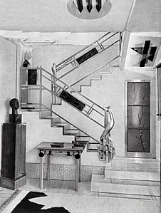 Scară din hôtelul particulier a colecționarului de artă și designerului de modă Jacques Doucet (1927). Design de Joseph Csaky. Formele geometrice ale cubismului au avut o influență puternică asupra Art Deco-ului