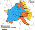 O Imperio carolinxio (768-811). En azul, o reino herdado por Carlomagno de seu pai; en laranxa, as súas conquistas; en amarelo, os territorios vasalos.
