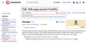 截图显示了谈话页的设计变化，这些变化目前在所有的维基媒体维基中都可以作为测试版功能。这些功能包括关于每个讨论中的人数和评论的信息。