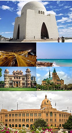 ตามเข็มนาฬิกาจากบน: Mazar-e-Quaid, Hawke's Bay Beach, Frere Hall, Karachi Port Trust Building, พระราชวังโมฮัตตา, ท่าเรือการาจี