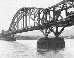Ludendorff Bridge at Remagen, showing damage before collapse during the Battle of Remagen
