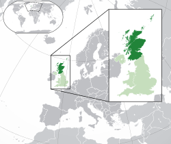 Location of Scotland (dark green) – in Europe (green & dark grey) – in the United Kingdom (green)