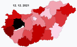 A magyarországi COVID-19 esetek térképe az elmúlt 7 napban (100 ezer lakosra)
