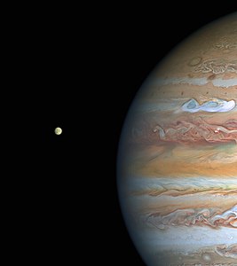Jupiter and Europa, taken by Hubble on 25 August 2020, when the planet was 653 million kilometres from Earth. False color image.[248]