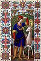 A print in the style of an illuminated manuscript showing Hubert of Liège with the stag.