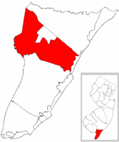 Location of Dennis Township in Cape May County highlighted in red (left). Inset map: Location of Cape May County in New Jersey highlighted in red (right).