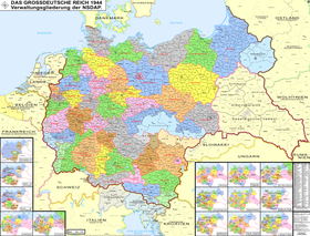التقسيم الإداري للحزب النازي في الإمبراطورية الألمانية العظمى (الخط الأحمر هو الحدود)، 1944