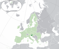 Местоположбата на  Словенија  (темнозелена) – на Европскиот континент  (зелена и темносива) – во Европската Унија  (зелена)