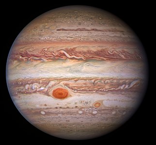 Jupiter imaged in visible light by the Hubble Space Telescope, January 11, 2017. Colors and contrasts are extremely enhanced.