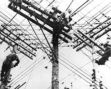 Three men climbing electric poles.