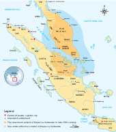 Map showing the extent of the Malacca Sultanate, covering much of the Malay Peninsula and some of Sumatra