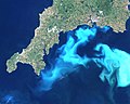 Image 43This algae bloom occupies sunlit epipelagic waters off the southern coast of England. The algae are maybe feeding on nutrients from land runoff or upwellings at the edge of the continental shelf. (from Marine habitat)