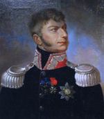 Painting of a clean-shaven man with a very determined look. He wears a dark blue military uniform with silver epaulettes and a red collar.