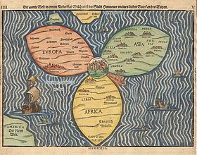 Lóhere alakú stilizált világtérkép (a három klasszikus kontinens: Európa, Ázsia és Afrika), középen Jeruzsálemmel, továbbá Nagy-Britannia, Skandinávia és Amerika/Újvilág jelölésével. Heinrich Bünting rajzolta, 1581-ben nyomtatták Magdeburgban