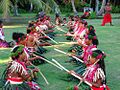 People performing a welcome ceremony in traditional dress on the Ulithi atoll
