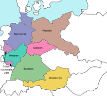 خطة تقسيم ألمانيا التي قدمها فرانكلين روزفلت:   هانوفر   بروسيا   هسن   ساكسونيا   بافاريا   رقابة حدودية (حبيستين مستحاطتين)   النمسا