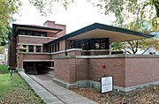 The Robie House, a National Historic Landmark designed by architect Frank Lloyd Wright in 1908.