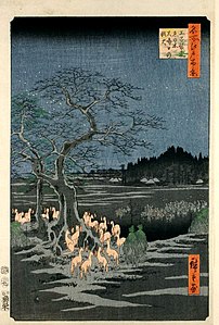 Zorros de fuego en la Nochevieja bajo el árbol enoki cerca de Ōji (王子装束ゑの木大晦日の狐火, Ōji Shōzoku enoki Ōmisoka no kitsunebi?).