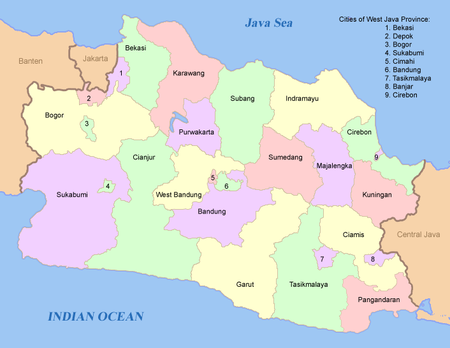 Map of West Java with its cities and regencies names