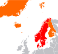 北欧諸国 (オレンジ・赤) 及びスカンディナヴィアの君主制諸国 (赤)