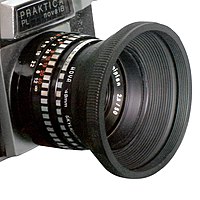 Praktica camera – lens with a conical collapsible rubber lens hood (50 mm f/2.8).