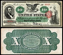 Obverse and reverse of a ten-dollar greenback