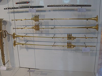 Four Aida trumpets (trumpets made especially for the triumphal scene in Giuseppe Verdi's Aida), manufactured by Charles Mahillon of Brussels, late 19th century