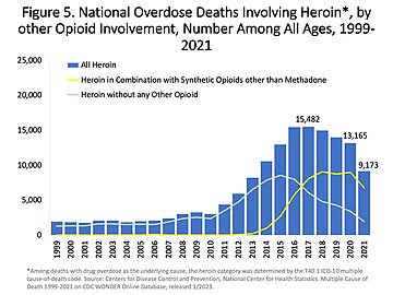 Số lượng tử vong do quá liều hàng năm của Mỹ liên quan đến heroin.[36]
