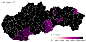 Mapa kumulatívneho počtu prípadov COVID-19 na Slovensku podľa okresov na 100 000 obyvateľov k aprílu 2022
