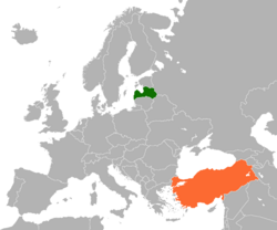 Map indicating locations of Latvia and Turkey