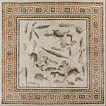 Marine mosaic (central panel of three panels from a floor); 200–230; mosaic (stone and glass tesserae); 2,915 mm x 2,870 mm; Museum of Fine Arts (Boston, US)