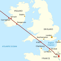 Simplified map of northwestern France, the United Kingdom and Ireland, showing a line indicating the direction of flight from Paris, northwest across southwestern England and then Ireland.