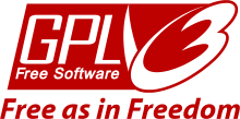 logo de fondo vermello coas letras GPL e o 3 co texto Free Software e Free as in Freedom
