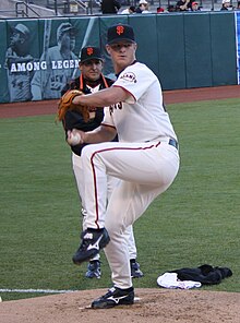 Matt Cain in the act of pitching a baseball