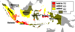Map of the Dutch East Indies showing its territorial expansion from 1800 to its fullest extent prior to Japanese occupation in 1942