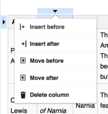 Screenshot showing a dropdown menu with options for editing the table structure