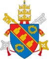 Julius III (1550-1555) Azure, on a bend gules fimbriated and between two olive [sometimes laurel] wreaths or, three mountains, each of as many summits, of the last.[25]