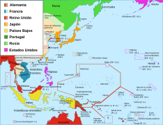 Colonias e zonas de influencia das potencias coloniais en Asia e Oceanía até 1914.