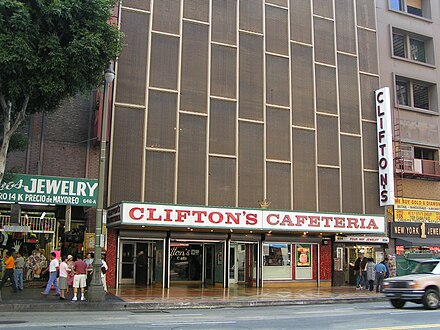 Clifton's Cafeteria in 2005, before its mid-century fronting was removed