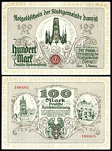 Obverse and reverse of a 1922 Danzig 100-mark banknote