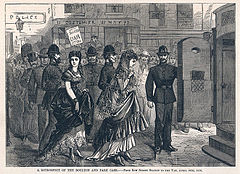 Newspaper illustration of Boulton and Park, in female attire, being escorted by two policemen, into a waiting police transport