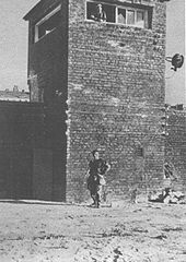 A 1944 photo showing the details of a brick turret protecting the concentration camp