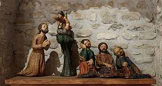Jézus és az alvó tanítványok az Olajfák hegyén (15. század) a Saint-Michel-de-Cuxa apátság főtemplomában (Codalet, Pyrénées-Orientales megye, Franciaország)