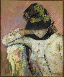 Mary Cassatt, Young Woman in a Black and Green Bonnet, 1890, pastel on tan wove paper[64]