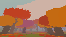Dense pixelated trees are colored red and orange. Leaves cover the ground.