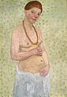 Paula Modersohn-Becker, Selbstbildnis am 6 Hochzeitstag ("Self-portrait on her 6th wedding anniversary") 1906. She depicts herself as pregnant, which at that point she never had been.