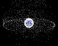 Image 57A computer-generated image mapping the prevalence of artificial satellites and space debris around Earth in geosynchronous and low Earth orbit (from Earth)