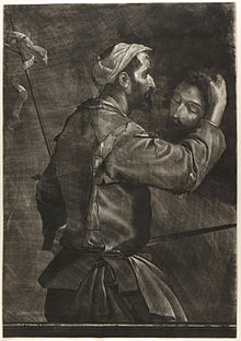 The gray tone picture shows a European man dressed in informal 17th-century clothing holding a sword, on which Rupert's name can just be made out, in one hand, and the severed head of John the Baptist in the other. The mezzotint engraving appears fluid, with broad sweeps of detail.