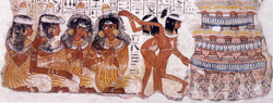Tomb fresco depicting dancers and musicians in elaborate wigs with head cones. Thebes, Egypt, 18th Dynasty.