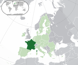 Местоположбата на  Франција  (зелено) – на Европскиот континент  (светлозелено и сиво) – во Европската Унија  (светлозелено)  —  [Легенда]
